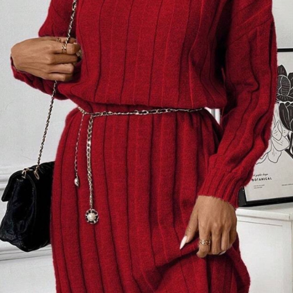 Round Neck Lantern Sleeve Loose Rib Knit Mid-Length  Red Sweater Dress